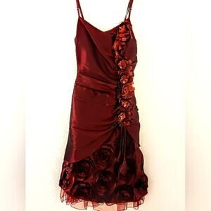 3D Roses Red Satin Formal Gown XS Burgundy Exotic Christmas Wedding Prom Party